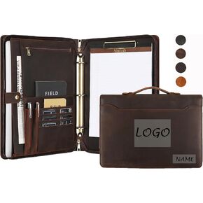 Personalized Padfolio for Men, 8.5 × 14" Legal Size Portfolio Organizer, Leather Binder 3 Ring, Leather Clipboard for Women, Leather Portfolio with Handle for 15-inch Laptop（Non-Custom, Oil-Brown)