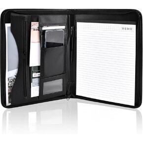 منظم حافظة بسحاب، مجلد مخطط جلدي مع وسادة مذكرة مقاس A4، مجلد محفظة أعمال للمستندات والهاتف وحامل بطاقات العمل (أسود) in Kuwait