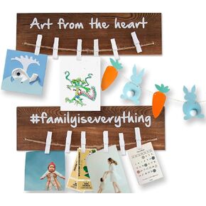 Wall Mount Kids Art Display Rack w/ 12 Clips – Set of 2 – Display Your Memories w/Clothespins: Photo Collage Frame, Art Projects, Love Letters & More – Fir Wood w/Thoughtful Quotes Art Organizer