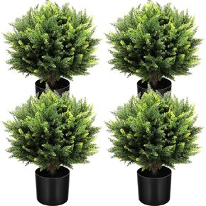4 Pieces 21 Inch Artificial Cedar Topiary Ball Tree Realistic Potted Plants UV Resistant Faux Outdoor Plants Artificial Shrubs for Home Garden Porch Outdoor Walkway Entryway Office Decor