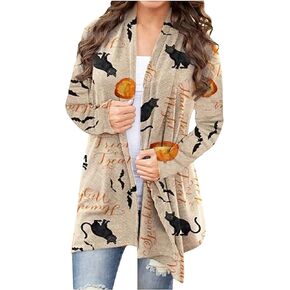 Women's Halloween Cardigan Pumpkin Cat Ghost Print Long Sleeve Open Front Plus Size Sweater Coat Top Halloween Costumes