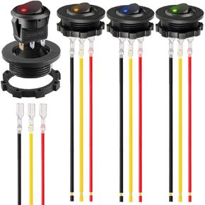 4Pcs Round Rocker Switch Shell DC 12V 20A 24V 10A,Yellow LED Lighted Switch SPST 3 Pin On Off 12 Volt DC Toggle Switch for Automotive Car Boat RV with Round Shell Locked Terminal Wires