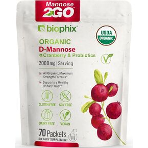 biophix Mannose2GO USDA Organic D-Mannose مع البروبيوتيك 2000 مجم 70 عبوة - فاكهة الراهب - التوت البري - يدعم صحة المسالك البولية ورفاهية الجهاز الهضمي in Kuwait