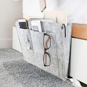 DOURR Felt Bedside Caddy, Bedside Pocket Caddy Bed Organizer Storage Inside with 5 Pockets and Charging Cable Hole for Organizing Tablet Magazine Phone Small Things Holder (Black)