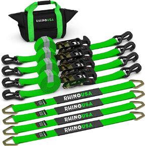 Rhino USA Car Trailer Ratchet Straps Kit - 11,128lb Guaranteed Break Strength - Use for Car, Truck, UTV & More - (4) Premium 2" x 8' Ratchet Straps with Padded T-Handles + (4) Axle Straps Tie Down