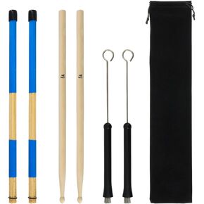 Drum Stick Brush Set, 1 Pair 5A Classic Maple Wood Drum Sticks 1 Pair Retractable Drum Wire Brushes and 1 Pair Rods Drum Brushes with Storage Bag for Jazz Folk Music Lover (blue)