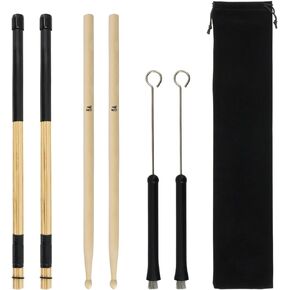 Drum Stick Brush Set, 1 Pair 5A Classic Maple Wood Drum Sticks 1 Pair Retractable Drum Wire Brushes and 1 Pair Rods Drum Brushes with Storage Bag for Jazz Folk Music Lover (blue)