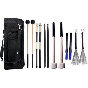 Large Drum Sticks Bag with 6 Pair Drum Stick and Mallet Set Nylon Drum Sticks, Bamboo Jazz Drum sticks, Retractable Drum Wire Brushes, Bass Drum Mallet for Jazz Folk Rock Band Drummers