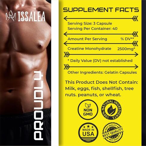 مكملات الكرياتين الغذائية - حبوب الكرياتين مونوهيدرات - 2.5 جرام حبوب الكرياتين مونوهيدرات لحجم العضلات وقوتها وطاقتها - تركيبة غير معدلة وراثيًا - 120 كبسولة in Kuwait