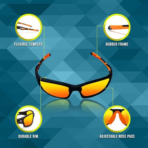 نظارات شمسية رياضية مستقطبة للرجال والنساء | عدسات مستقطبة عاكسة للحماية من الأشعة فوق البنفسجية، وسادة أنف قابلة للتعديل، غير قابلة للكسر | نظارات شمسية لصيد الأسماك والبيسبول وركوب الدراجات والجولف والجري | مع حافظة صلبة | البرتقالي in Kuwait