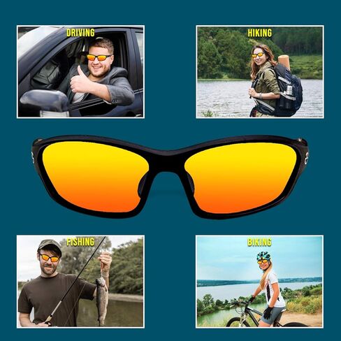 نظارات شمسية رياضية مستقطبة للرجال والنساء | عدسات مستقطبة عاكسة للحماية من الأشعة فوق البنفسجية، وسادة أنف قابلة للتعديل، غير قابلة للكسر | نظارات شمسية لصيد الأسماك والبيسبول وركوب الدراجات والجولف والجري | مع حافظة صلبة | البرتقالي in Kuwait