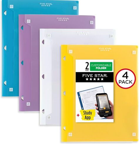 Five Star 2 Pocket Folder, 4 Pack, Customizable Cover, Folder with Pockets, Fits 3 Ring Binder, Plastic, White, Amethyst Purple, Harvest Yellow, Tidewater Blue (330092B-ECM) in Saudi Arabia