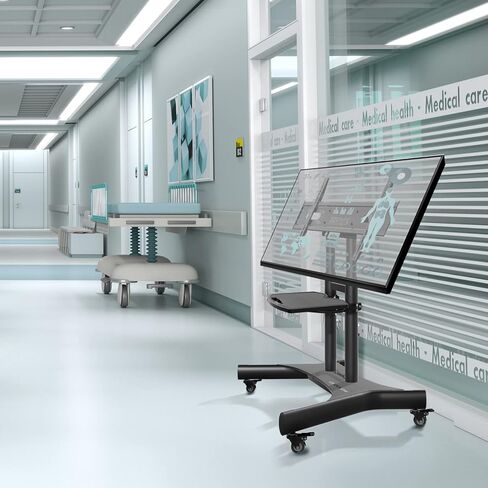 حامل تلفزيون متنقل من ONKRON على عجلات لأجهزة تلفزيون 50-83 بوصة يصل وزنها إلى 154 رطلاً، حامل تلفزيون قابل للتعديل مع رف - حامل تلفزيون قابل للإمالة 90 درجة - عربة تلفزيون دوارة - VESA 800x500 - حامل تلفزيون محمول بعجلات باللون الأسود in Kuwait