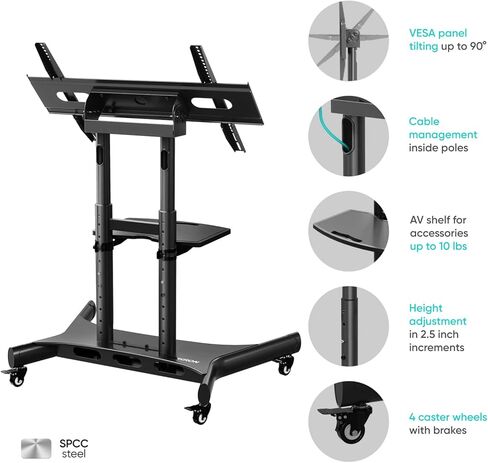 حامل تلفزيون متنقل من ONKRON على عجلات لأجهزة تلفزيون 50-83 بوصة يصل وزنها إلى 154 رطلاً، حامل تلفزيون قابل للتعديل مع رف - حامل تلفزيون قابل للإمالة 90 درجة - عربة تلفزيون دوارة - VESA 800x500 - حامل تلفزيون محمول بعجلات باللون الأسود in Kuwait