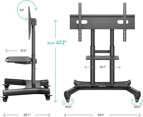 حامل تلفزيون متنقل من ONKRON على عجلات لأجهزة تلفزيون 50-83 بوصة يصل وزنها إلى 154 رطلاً، حامل تلفزيون قابل للتعديل مع رف - حامل تلفزيون قابل للإمالة 90 درجة - عربة تلفزيون دوارة - VESA 800x500 - حامل تلفزيون محمول بعجلات باللون الأسود in Kuwait
