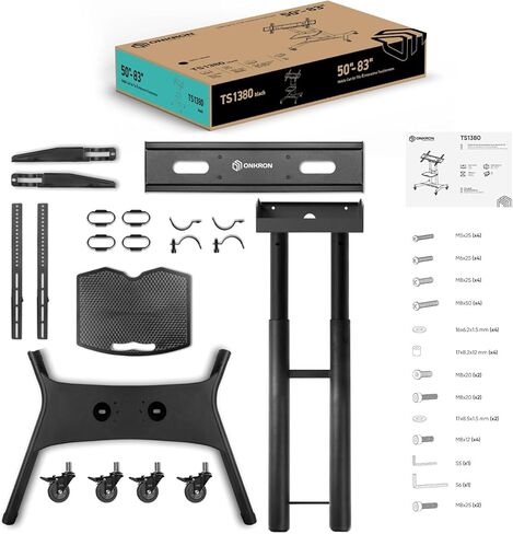 حامل تلفزيون متنقل من ONKRON على عجلات لأجهزة تلفزيون 50-83 بوصة يصل وزنها إلى 154 رطلاً، حامل تلفزيون قابل للتعديل مع رف - حامل تلفزيون قابل للإمالة 90 درجة - عربة تلفزيون دوارة - VESA 800x500 - حامل تلفزيون محمول بعجلات باللون الأسود in Kuwait