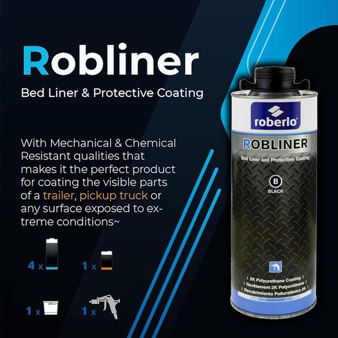 طقم بطانة سرير الشاحنة الاحترافية وطلاء الحماية من Robliner - أسود - طلاء بولي يوريثين 2K - 4 كوارت مع مقوي - يشتمل على مسدس رش معطف مع منظم وحماية كاملة للكوب in Kuwait