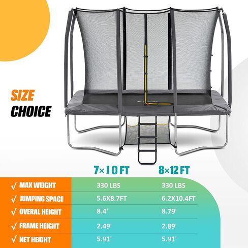 Exacme 7X10 8X12 Foot Rectangle Trampoline for Kids, Double Enclosure Openings, Small Outdoor Rectangular Trampoline with Enclosure Net, 4 Wind Stakes, Storage Bag, 330LB Capacity in Saudi Arabia