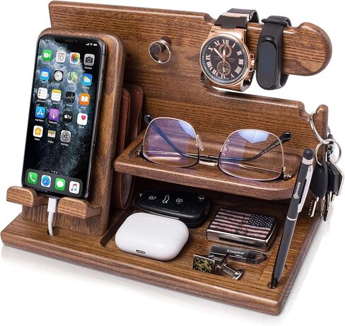 TESLYAR Wood Phone Docking Station Ash Key Holder Stand Watch Organizer Men Gift Husband Wife Anniversary Dad Birthday Nightstand Purse Father Graduation Male Travel Idea Gadgets (Brown) in Kuwait
