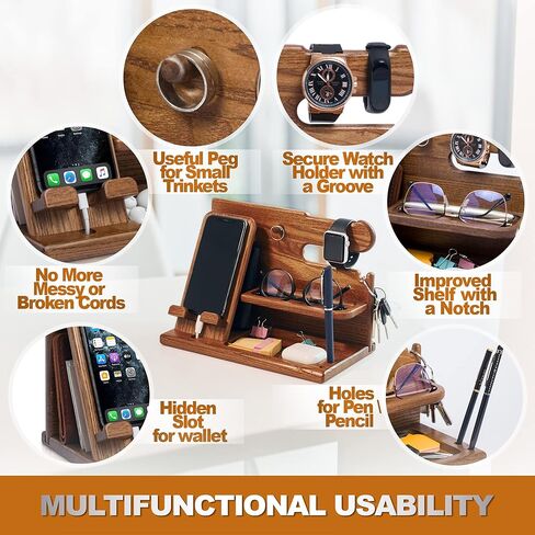 TESLYAR Wood Phone Docking Station Ash Key Holder Stand Watch Organizer Men Gift Husband Wife Anniversary Dad Birthday Nightstand Purse Father Graduation Male Travel Idea Gadgets (Brown) in Kuwait