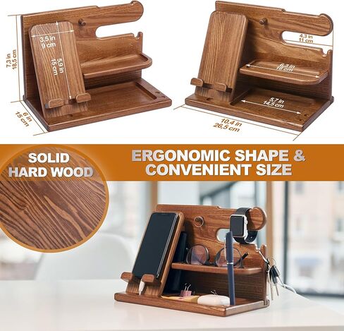 TESLYAR Wood Phone Docking Station Ash Key Holder Stand Watch Organizer Men Gift Husband Wife Anniversary Dad Birthday Nightstand Purse Father Graduation Male Travel Idea Gadgets (Brown) in Kuwait