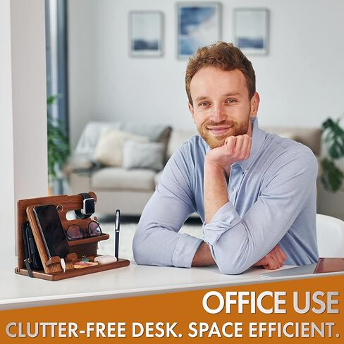 TESLYAR Wood Phone Docking Station Ash Key Holder Stand Watch Organizer Men Gift Husband Wife Anniversary Dad Birthday Nightstand Purse Father Graduation Male Travel Idea Gadgets (Brown) in Kuwait