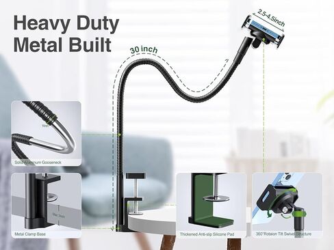 حامل هاتف من الألومنيوم على شكل رقبة معقوفة من Elitehood للاستلقاء على السرير، ذراع مرن قوي - حامل iPhone للسرير، دوران إمالة دوار 360 درجة - حامل الهاتف الخلوي العلوي للمكتب/السرير in Kuwait