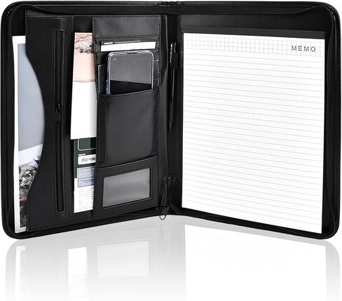 منظم حافظة بسحاب، مجلد مخطط جلدي مع وسادة مذكرة مقاس A4، مجلد محفظة أعمال للمستندات والهاتف وحامل بطاقات العمل (أسود) in Kuwait