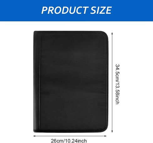 منظم حافظة بسحاب، مجلد مخطط جلدي مع وسادة مذكرة مقاس A4، مجلد محفظة أعمال للمستندات والهاتف وحامل بطاقات العمل (أسود) in Kuwait