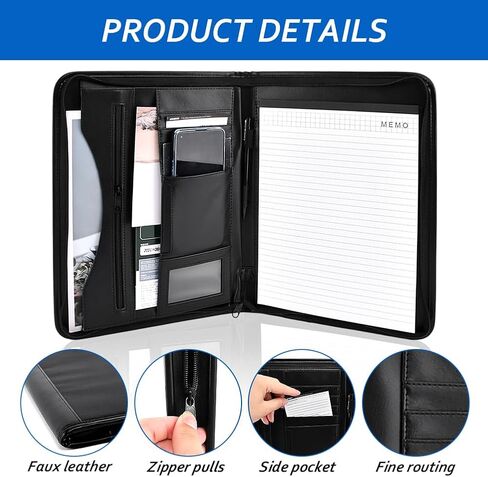 منظم حافظة بسحاب، مجلد مخطط جلدي مع وسادة مذكرة مقاس A4، مجلد محفظة أعمال للمستندات والهاتف وحامل بطاقات العمل (أسود) in Kuwait