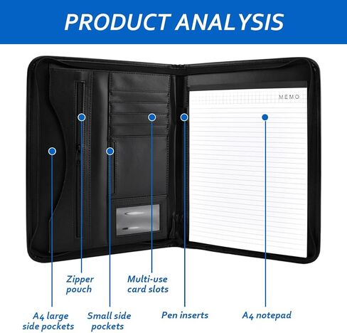 منظم حافظة بسحاب، مجلد مخطط جلدي مع وسادة مذكرة مقاس A4، مجلد محفظة أعمال للمستندات والهاتف وحامل بطاقات العمل (أسود) in Kuwait