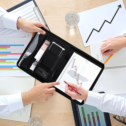 منظم حافظة بسحاب، مجلد مخطط جلدي مع وسادة مذكرة مقاس A4، مجلد محفظة أعمال للمستندات والهاتف وحامل بطاقات العمل (أسود) in Kuwait