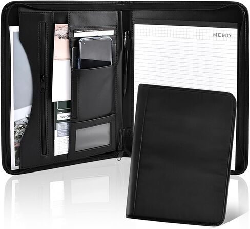 منظم حافظة بسحاب، مجلد مخطط جلدي مع وسادة مذكرة مقاس A4، مجلد محفظة أعمال للمستندات والهاتف وحامل بطاقات العمل (أسود) in Kuwait