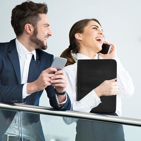 منظم حافظة بسحاب، مجلد مخطط جلدي مع وسادة مذكرة مقاس A4، مجلد محفظة أعمال للمستندات والهاتف وحامل بطاقات العمل (أسود) in Kuwait