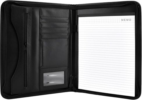 منظم حافظة بسحاب، مجلد مخطط جلدي مع وسادة مذكرة مقاس A4، مجلد محفظة أعمال للمستندات والهاتف وحامل بطاقات العمل (أسود) in Kuwait