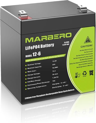 بطارية MARBERO 12V 6Ah LiFePO4، بطارية بديلة ليثيوم أيون 12 فولت، 5000+ عجلات طاقة عميقة، بطارية قابلة لإعادة الشحن بالفوسفات للركوب على سيارة لعبة، إنذار، Boombox، عجلات الطاقة، مكتشف الأسماك in Saudi Arabia