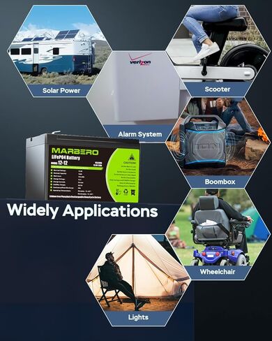 بطارية MARBERO 12V 6Ah LiFePO4، بطارية بديلة ليثيوم أيون 12 فولت، 5000+ عجلات طاقة عميقة، بطارية قابلة لإعادة الشحن بالفوسفات للركوب على سيارة لعبة، إنذار، Boombox، عجلات الطاقة، مكتشف الأسماك in Kuwait