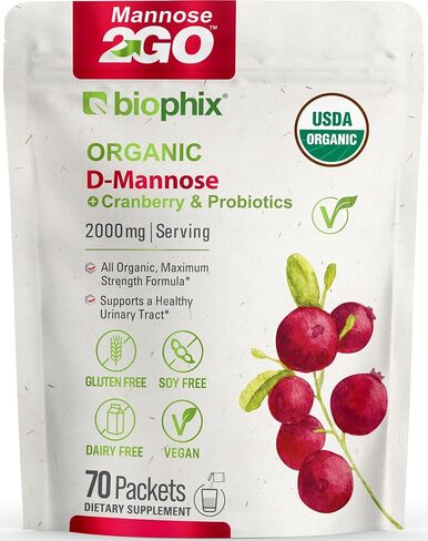 biophix Mannose2GO USDA Organic D-Mannose مع البروبيوتيك 2000 مجم 70 عبوة - فاكهة الراهب - التوت البري - يدعم صحة المسالك البولية ورفاهية الجهاز الهضمي in Kuwait