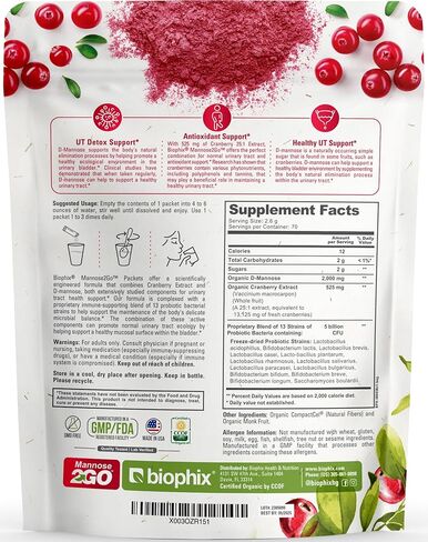 biophix Mannose2GO USDA Organic D-Mannose مع البروبيوتيك 2000 مجم 70 عبوة - فاكهة الراهب - التوت البري - يدعم صحة المسالك البولية ورفاهية الجهاز الهضمي in Kuwait