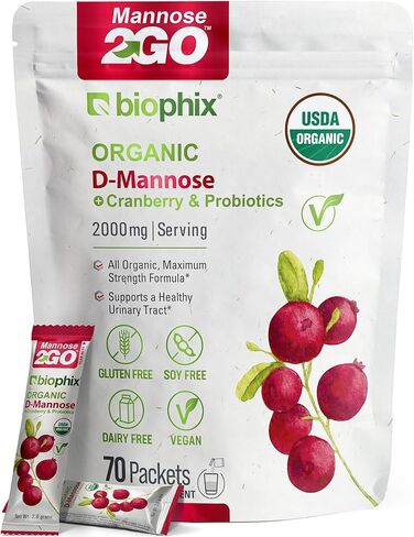 biophix Mannose2GO USDA Organic D-Mannose مع البروبيوتيك 2000 مجم 70 عبوة - فاكهة الراهب - التوت البري - يدعم صحة المسالك البولية ورفاهية الجهاز الهضمي in Kuwait