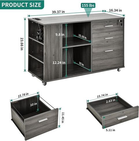 YITAHOME 3 Drawer File Cabinet with Charging Station, Home Office Furniture, Grey in Saudi Arabia