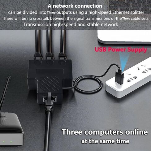 موزع إيثرنت 1 إلى 3، مقسم RJ45، سرعة عالية 1 ذكر إلى 3 أنثى (يعمل في وقت واحد ثلاثة أجهزة كمبيوتر) موزع إنترنت مع كابل طاقة USB لكابل Cat5، Cat5e، Cat6، Cat7، Cat8 in Kuwait