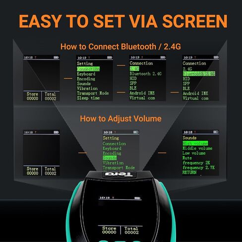 Tera Barcode Scanner with Digital Setting Screen & Keypad, Pro Version Extra Fast Scanning Speed, Works with Bluetooth 2.4G Wireless & USB Wired, 1D 2D QR Handheld Bar Code Reader Model HW0009 Blue in Saudi Arabia