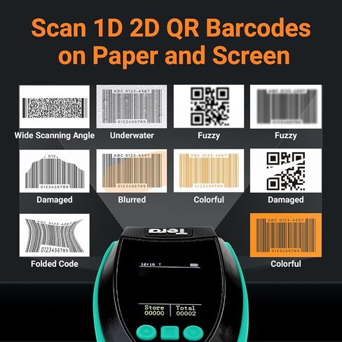 Tera Barcode Scanner with Digital Setting Screen & Keypad, Pro Version Extra Fast Scanning Speed, Works with Bluetooth 2.4G Wireless & USB Wired, 1D 2D QR Handheld Bar Code Reader Model HW0009 Blue in Saudi Arabia