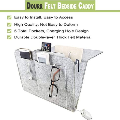 DOURR Felt Bedside Caddy, Bedside Pocket Caddy Bed Organizer Storage Inside with 5 Pockets and Charging Cable Hole for Organizing Tablet Magazine Phone Small Things Holder (Black) in Saudi Arabia