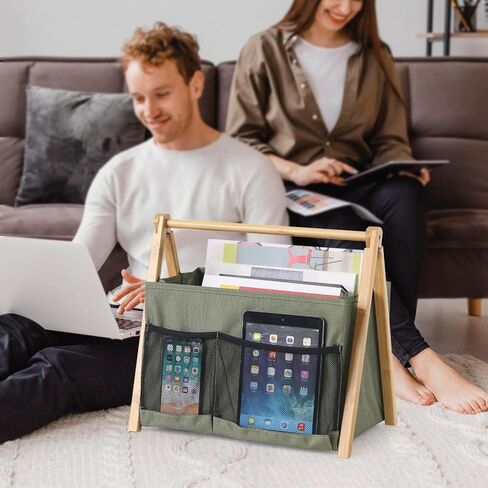 حامل مجلات، رف مجلات على الأرض، قوي قابل للطي، صناديق كتب خشبية مع جيب لسلة المجلات لملفات كتاب الصحف، منظم مجلات قوي للحمام / غرفة المعيشة / المنزل (أبيض) in Kuwait