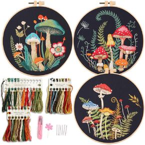 Myfelicity Embroidery Kit with Mushroom Patterns, 3 Hoops, Fabric, Threads, Needles, Instructions (red) in Saudi Arabia