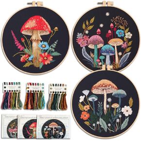 Myfelicity Embroidery Kit with Mushroom Patterns, 3 Hoops, Fabric, Threads, Needles, Instructions (red)