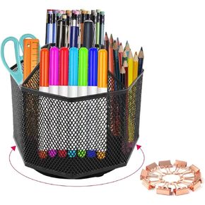Rotating Pencil Holder - Pen Holder for Desk - 360 Degree Rotating Pen Caddy Holders Desk Organizer with 5 Compartments - Mesh Desktop Stationary Organizer for Home, Office with 10 Clips (Black)