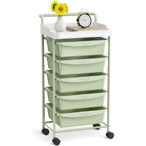 Utility Cart with 5 Drawers, Rolling Cart with Drawers and Tabletop, Multipurpose Rolling Storage Cart with Lockable Wheel Storage Drawer Cart Organizer for Living Room, Bedroom, Office, School, Green